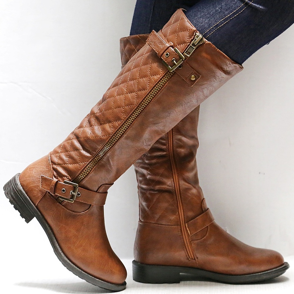 New Cognac Brown Quilted Knee High Riding Boots 7